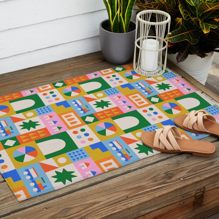 Colorful nordic children toy doodle art pattern Outdoor Rug Gallery Image 2