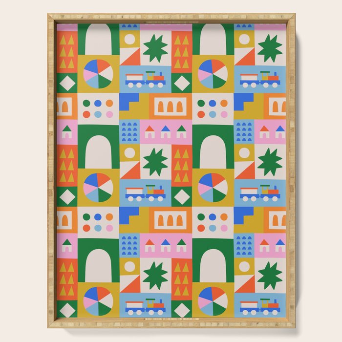 Colorful nordic children toy doodle art pattern Serving Tray Gallery Image 1