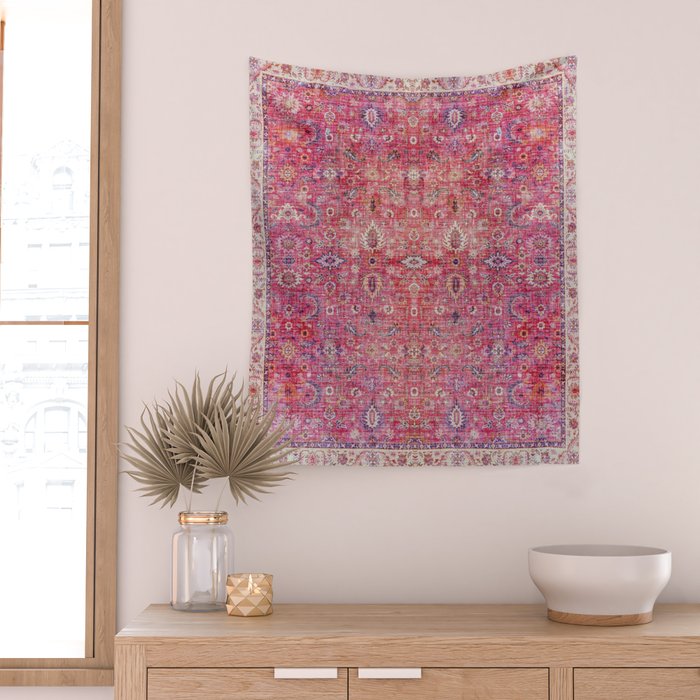 N45 - Pink Vintage Traditional Moroccan Boho & Farmhouse Style Artwork. Wall Tapestry Gallery Image 2