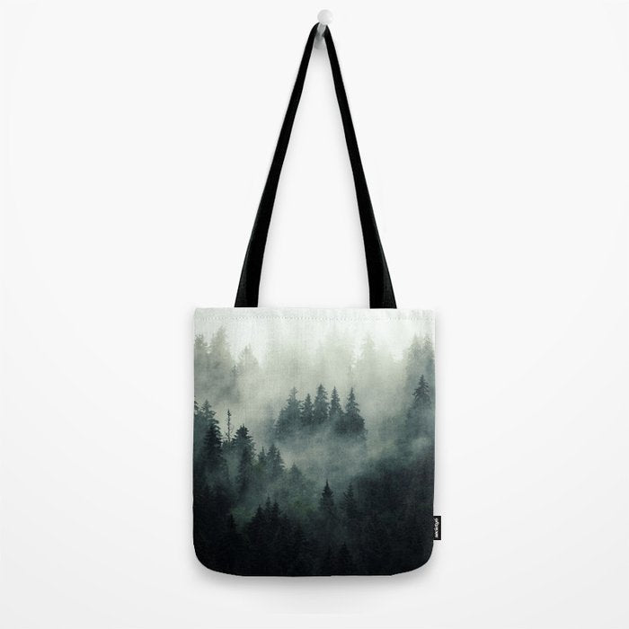 Green misty mountain pine forest in cloudy and rainy - vintage style photo Tote Bag Gallery Image 2