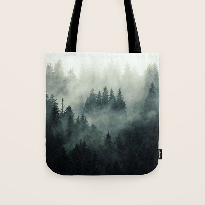 Green misty mountain pine forest in cloudy and rainy - vintage style photo Tote Bag Gallery Image 1