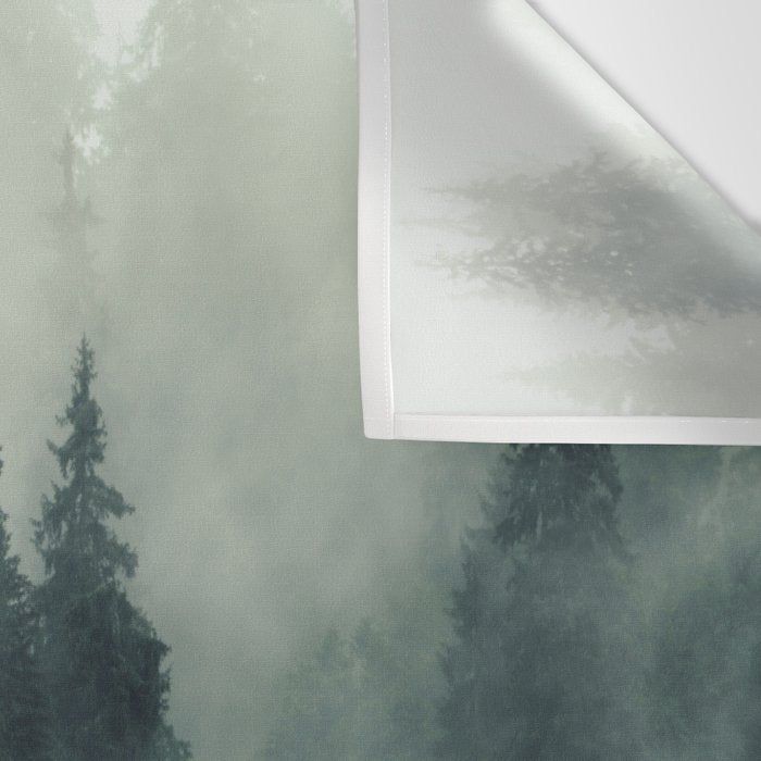Green misty mountain pine forest in cloudy and rainy - vintage style photo Wall Tapestry Gallery Image 3