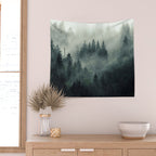 Green misty mountain pine forest in cloudy and rainy - vintage style photo Wall Tapestry Gallery Image 2