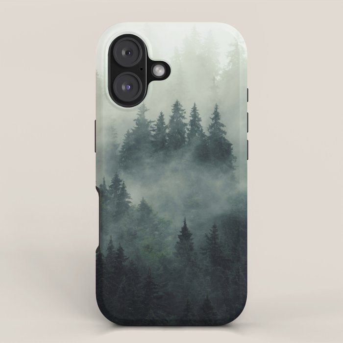 Green misty mountain pine forest in cloudy and rainy - vintage style photo iPhone Case Gallery Image 1