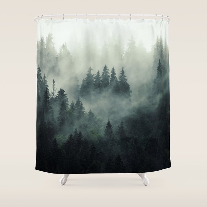 Green misty mountain pine forest in cloudy and rainy - vintage style photo Shower Curtain Gallery Image 1