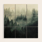 Green misty mountain pine forest in cloudy and rainy - vintage style photo Wood Wall Art Gallery Image 1