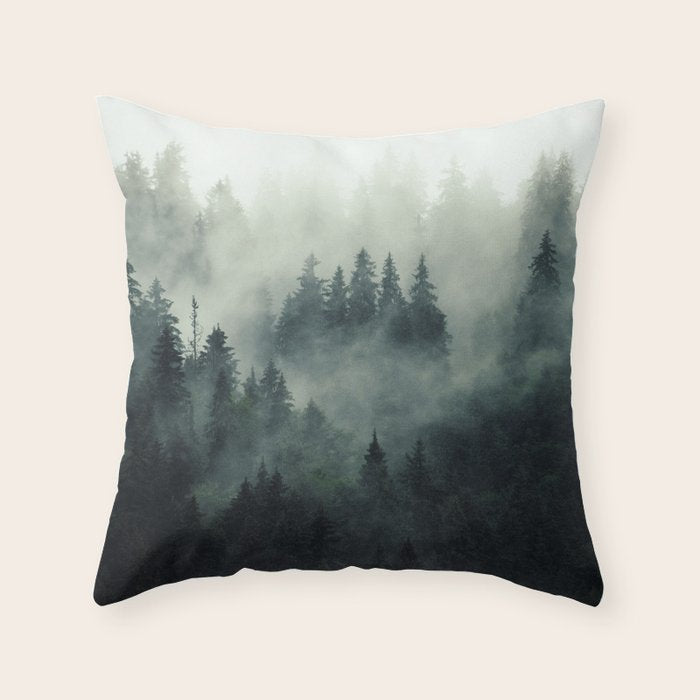Green misty mountain pine forest in cloudy and rainy - vintage style photo Throw Pillow Gallery Image 1