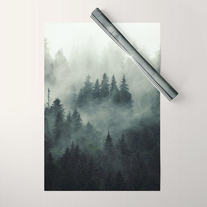 Green misty mountain pine forest in cloudy and rainy - vintage style photo Wrapping Paper Gallery Image 1