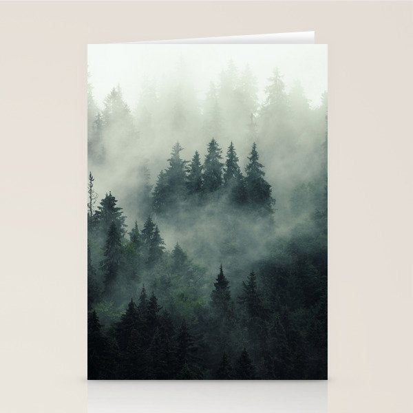 Green misty mountain pine forest in cloudy and rainy - vintage style photo Stationery Card Gallery Image 1