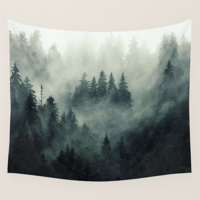 Green misty mountain pine forest in cloudy and rainy - vintage style photo Wall Tapestry Gallery Image 1