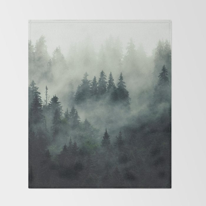 Green misty mountain pine forest in cloudy and rainy - vintage style photo Throw Blanket Gallery Image 2