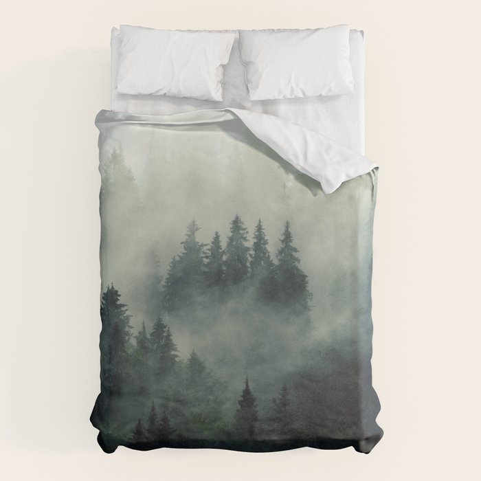 Green misty mountain pine forest in cloudy and rainy - vintage style photo Duvet Cover Gallery Image 6
