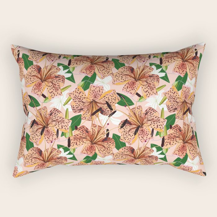 Tiger Lillies, Tropical Blush Botanical Illustration, Polka Dots Nature Vibrant Floral Jungle Rectangular Pillow Gallery Image 1