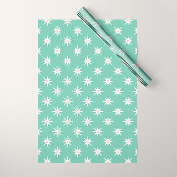 Northern Winter Star Festive Grid Pink White and Mint Green Wrapping Paper Gallery Image 1
