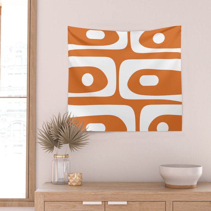 Mid Century Modern Piquet Abstract Pattern in Burnt Orange and White Wall Tapestry Gallery Image 2