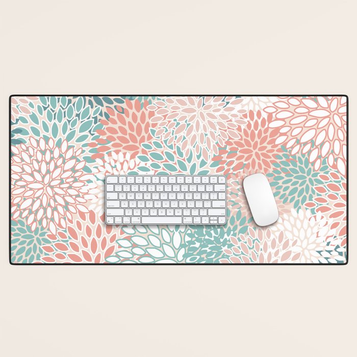 Modern Floral Prints, Coral Teal and Green Desk Mat Gallery Image 1