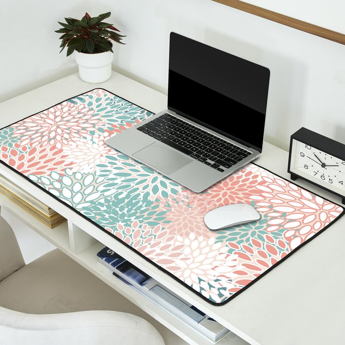Modern Floral Prints, Coral Teal and Green Desk Mat Gallery Image 2
