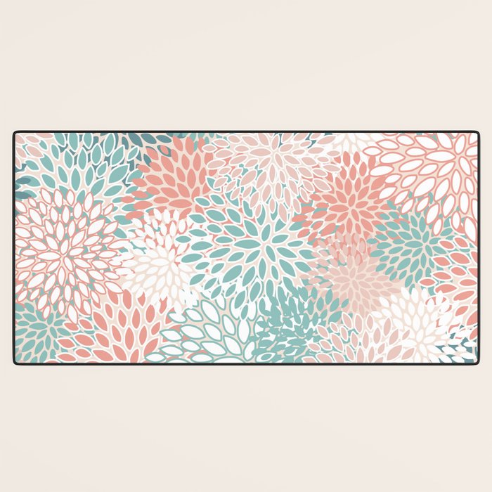 Modern Floral Prints, Coral Teal and Green Desk Mat Gallery Image 3