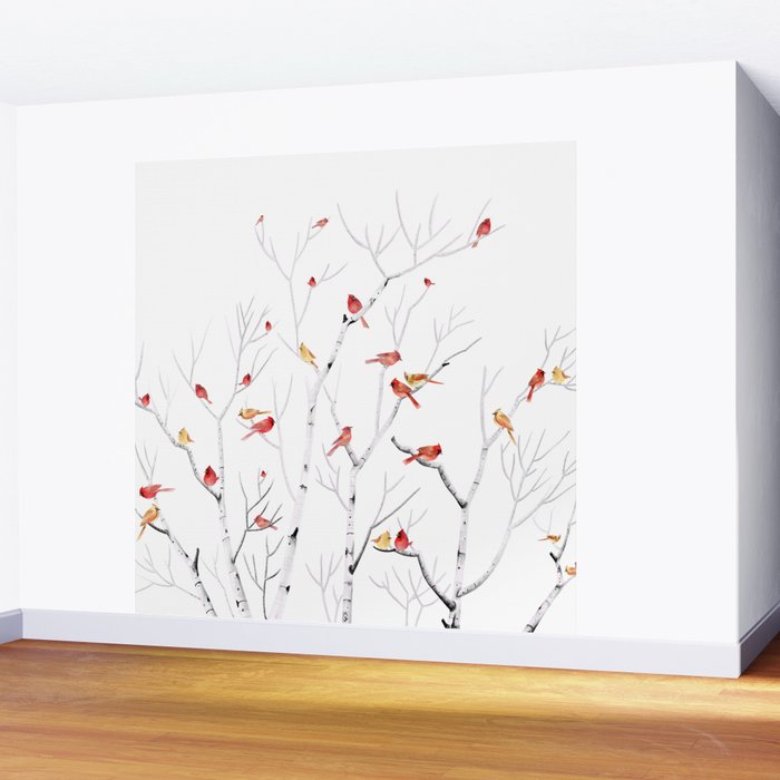 Birch Trees and Cardinal 2  Wall Mural Gallery Image 2