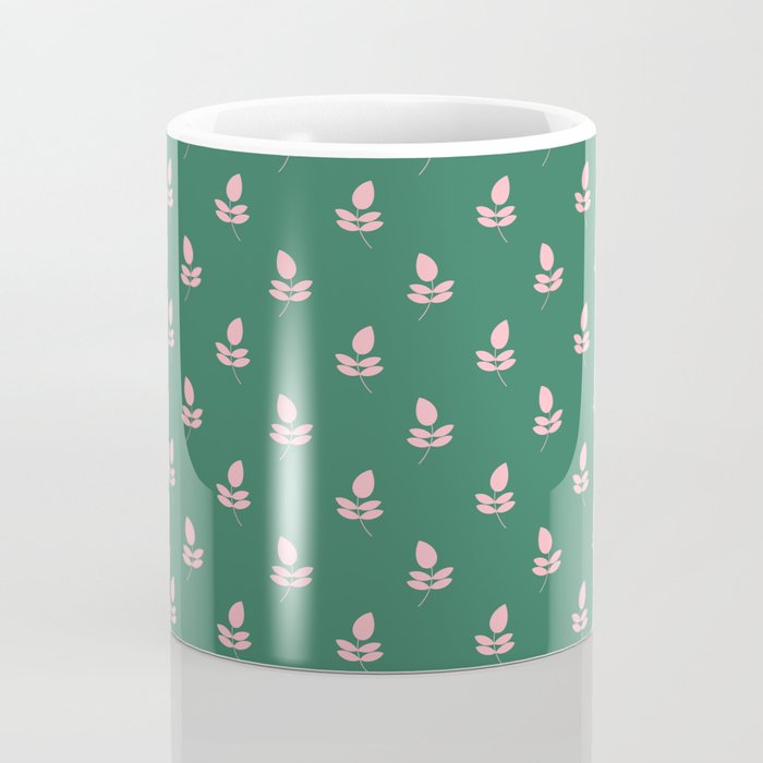 Retro Pink Leaf Pattern - Green Background Coffee Mug Gallery Image 4