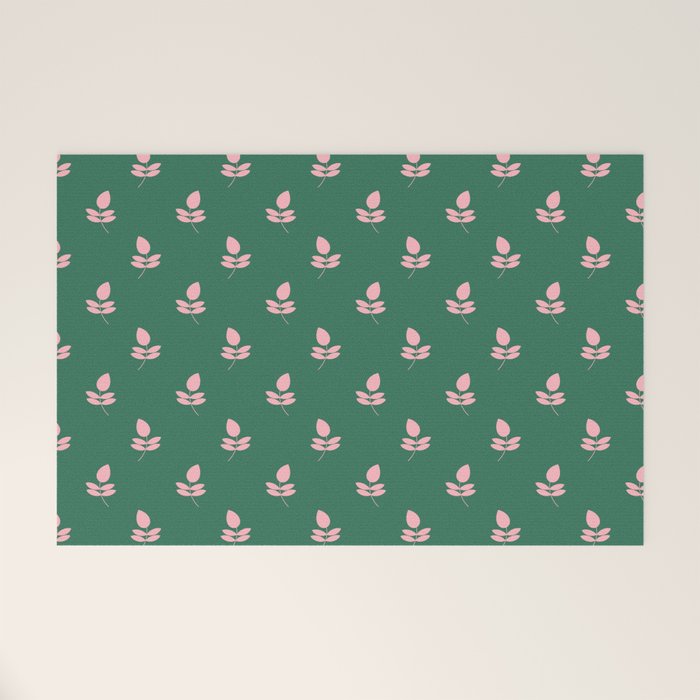 Retro Pink Leaf Pattern - Green Background Welcome Mat Gallery Image 1