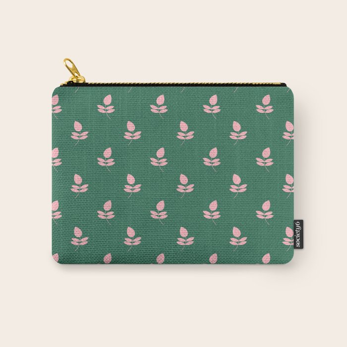 Retro Pink Leaf Pattern - Green Background Carry All Pouch Gallery Image 1