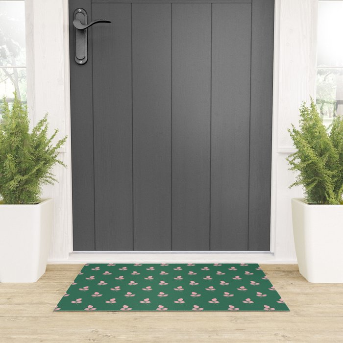 Retro Pink Leaf Pattern - Green Background Welcome Mat Gallery Image 3
