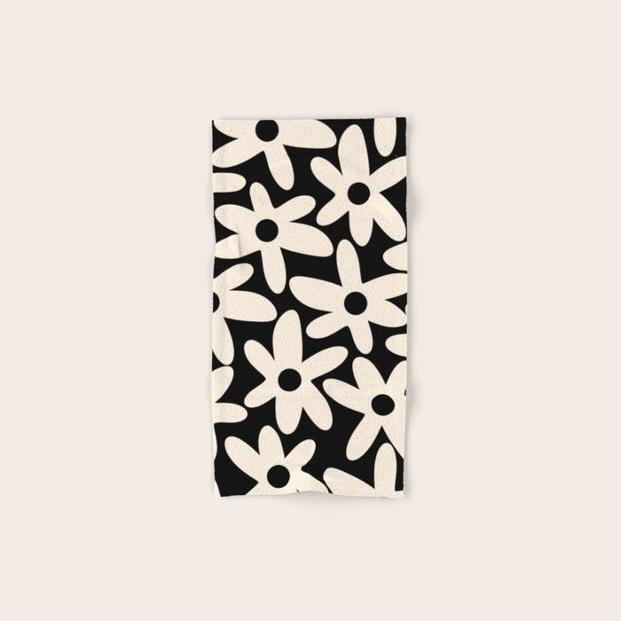 Daisy Time Retro Scandinavian Floral Pattern Black Almond Cream Bath Towel Gallery Image 1