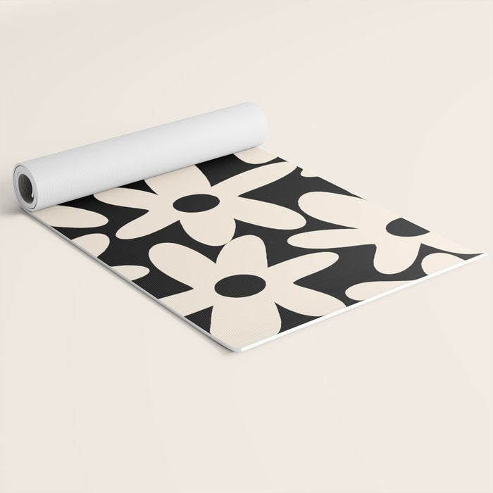 Daisy Time Retro Scandinavian Floral Pattern Black Almond Cream Yoga Mat Gallery Image 2