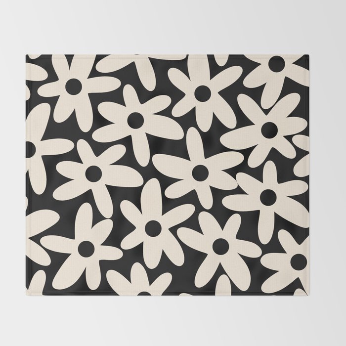 Daisy Time Retro Scandinavian Floral Pattern Black Almond Cream Throw Blanket Gallery Image 2