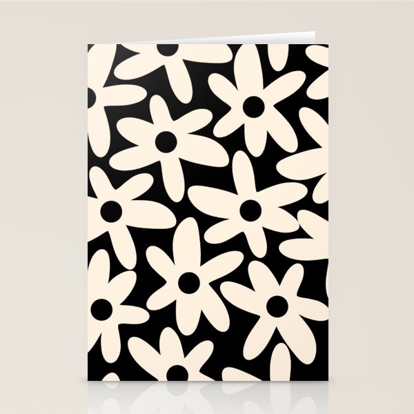 Daisy Time Retro Scandinavian Floral Pattern Black Almond Cream Stationery Card Gallery Image 1