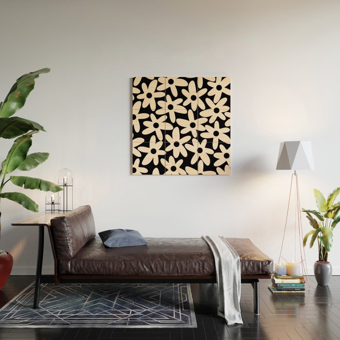 Daisy Time Retro Scandinavian Floral Pattern Black Almond Cream Wood Wall Art Gallery Image 2