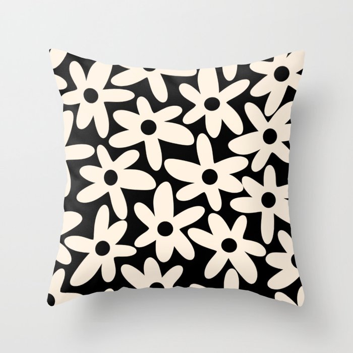 Daisy Time Retro Scandinavian Floral Pattern Black Almond Cream Throw Pillow Gallery Image 6