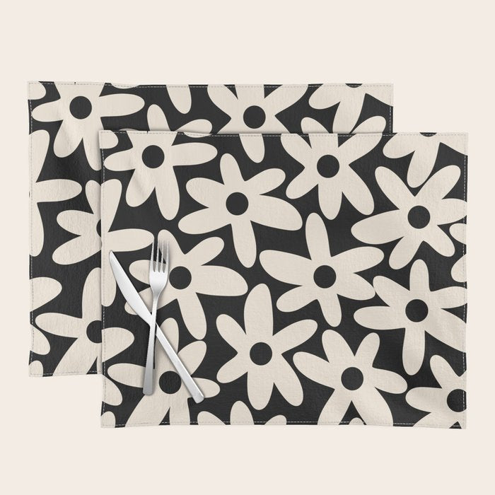 Daisy Time Retro Scandinavian Floral Pattern Black Almond Cream Placemat Gallery Image 1