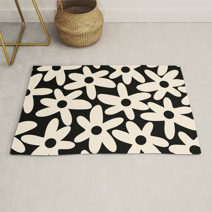 Daisy Time Retro Scandinavian Floral Pattern Black Almond Cream Rug Gallery Image 1