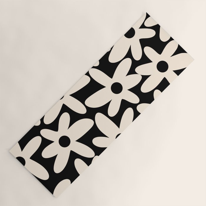 Daisy Time Retro Scandinavian Floral Pattern Black Almond Cream Yoga Mat Gallery Image 1