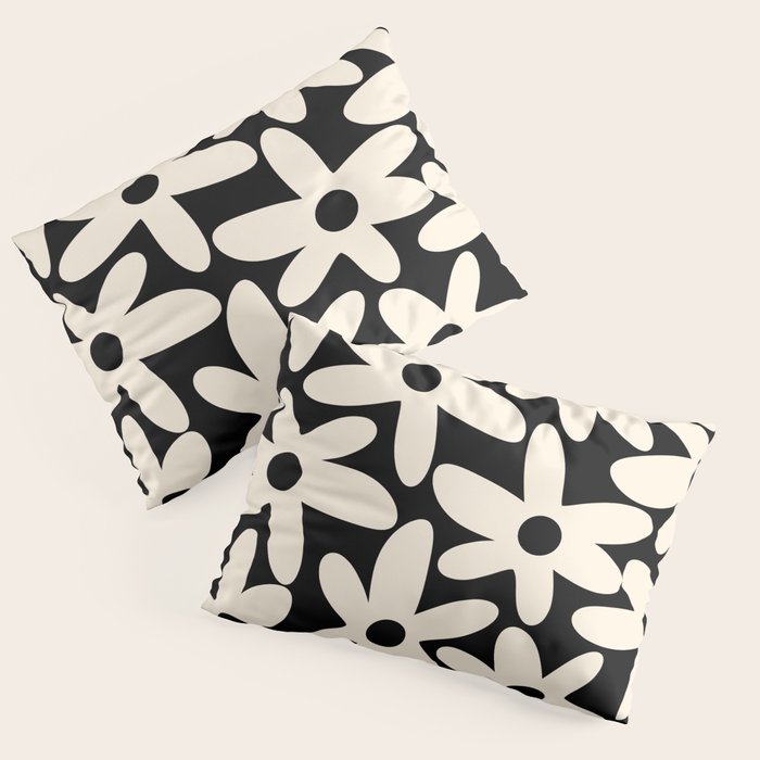 Daisy Time Retro Scandinavian Floral Pattern Black Almond Cream Pillow Sham Gallery Image 3