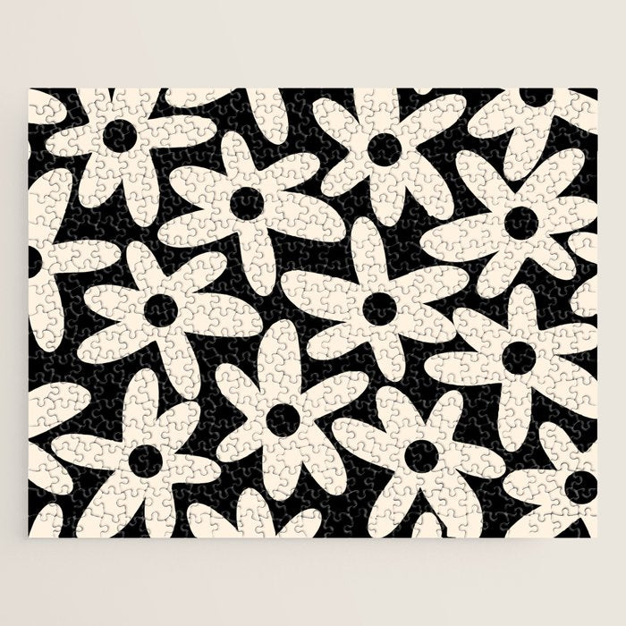 Daisy Time Retro Scandinavian Floral Pattern Black Almond Cream Jigsaw Puzzle Gallery Image 1