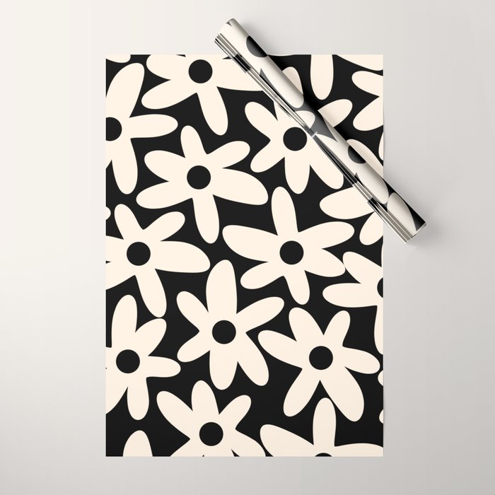 Daisy Time Retro Scandinavian Floral Pattern Black Almond Cream Wrapping Paper Gallery Image 1