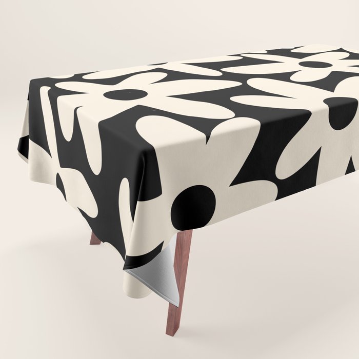 Daisy Time Retro Scandinavian Floral Pattern Black Almond Cream Tablecloth Gallery Image 1