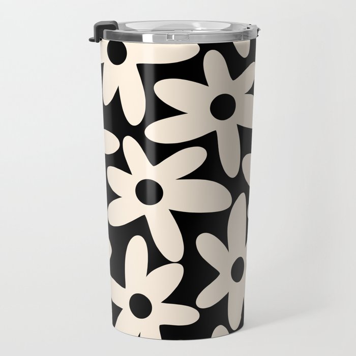 Daisy Time Retro Scandinavian Floral Pattern Black Almond Cream Travel Mug Gallery Image 3