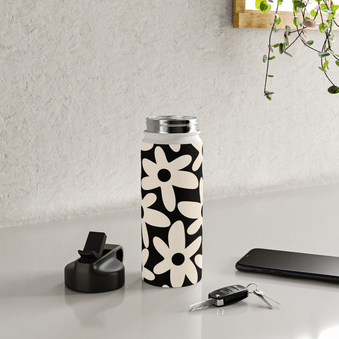 Daisy Time Retro Scandinavian Floral Pattern Black Almond Cream Water Bottle Gallery Image 4