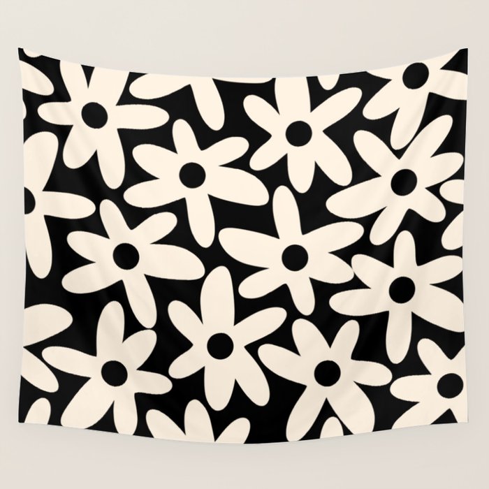 Daisy Time Retro Scandinavian Floral Pattern Black Almond Cream Wall Tapestry Gallery Image 4