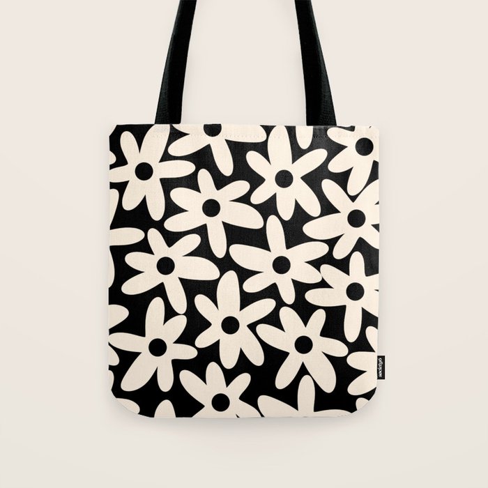 Daisy Time Retro Scandinavian Floral Pattern Black Almond Cream Tote Bag Gallery Image 1
