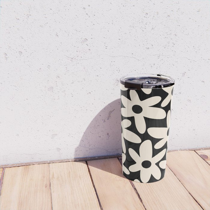 Daisy Time Retro Scandinavian Floral Pattern Black Almond Cream Travel Mug Gallery Image 4
