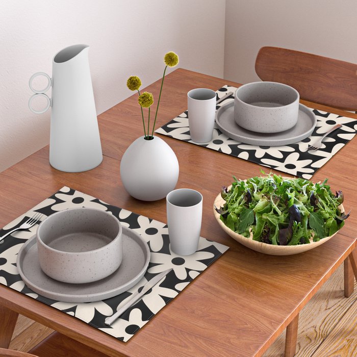 Daisy Time Retro Scandinavian Floral Pattern Black Almond Cream Placemat Gallery Image 2