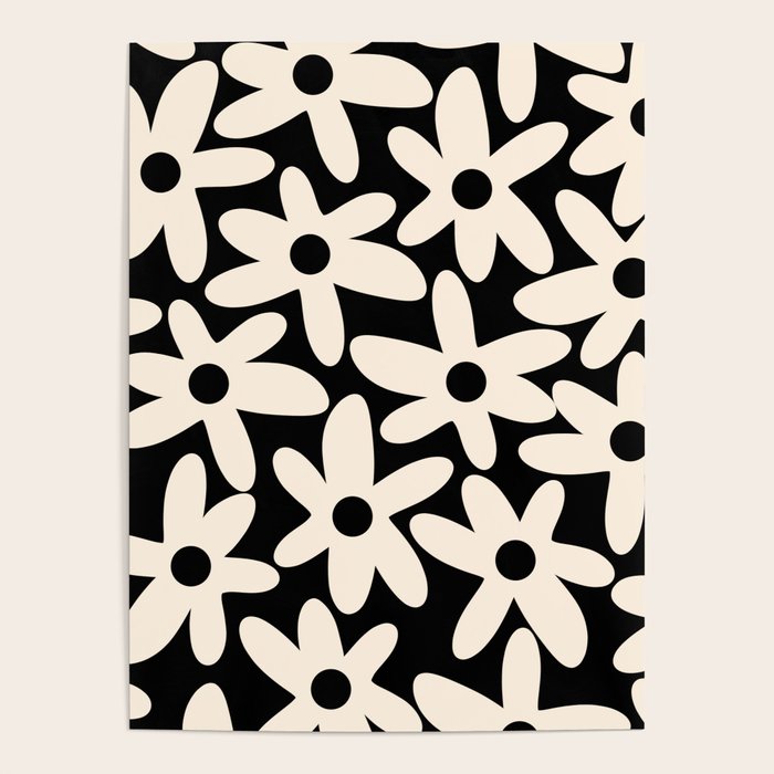 Daisy Time Retro Scandinavian Floral Pattern Black Almond Cream Poster Gallery Image 4