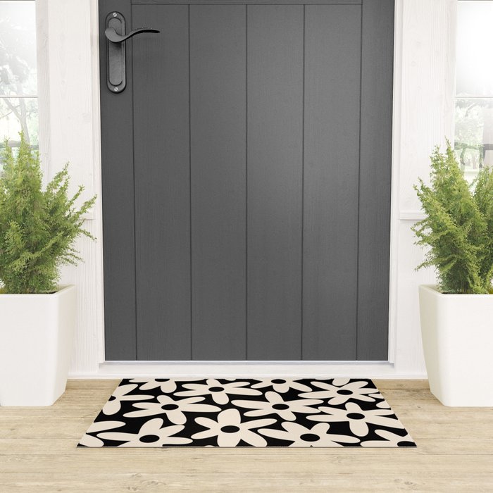 Daisy Time Retro Scandinavian Floral Pattern Black Almond Cream Welcome Mat Gallery Image 3