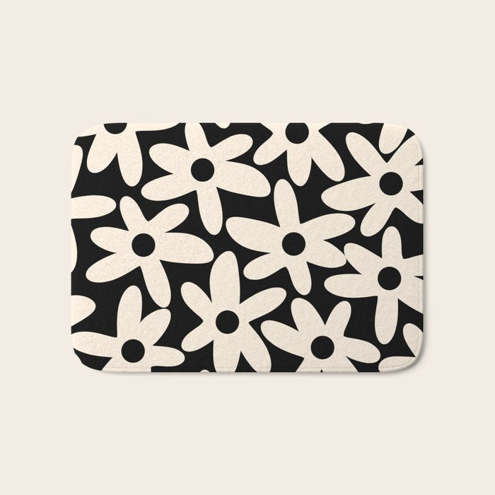 Daisy Time Retro Scandinavian Floral Pattern Black Almond Cream Bath Mat Gallery Image 1