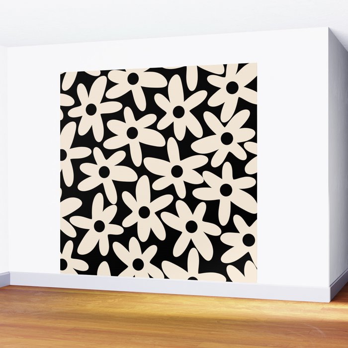 Daisy Time Retro Scandinavian Floral Pattern Black Almond Cream Wall Mural Gallery Image 2